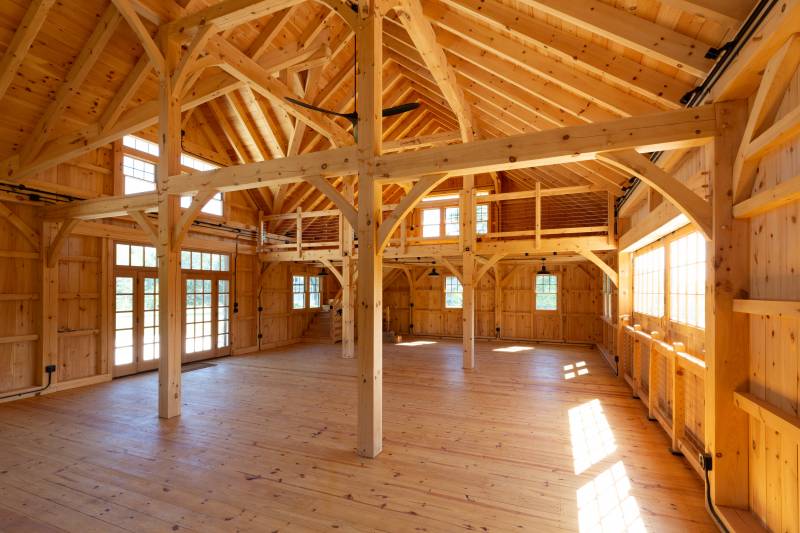 Sunlight streaming in the post & beam barn