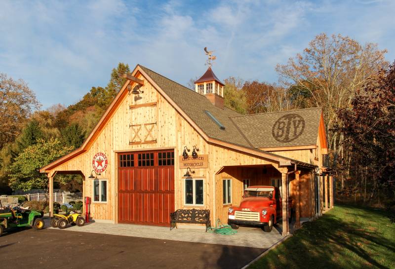 45' x 64' Newport Barn Garage with Double Open Lean-To Roof Overhangs