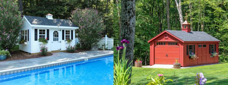 Classic Quaker Pool Shed + Classic Single Bay Garage