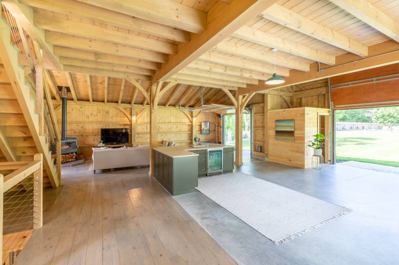 First floor of the Lenox Carriage Barn • Clear span Douglas Fir solid sawn beams