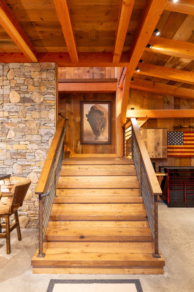 5' Wide Custom Stairs with 3" Thick Reclaimed Oak Stair Treads • Custom Twisted Corten Steel Railing