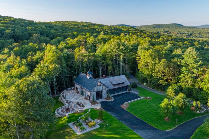 Patio, Gardens, Party Barn, and Attached Carriage Barn from Above