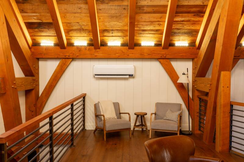 White Shiplap Interior • LED Uplighting in Rafter Bays