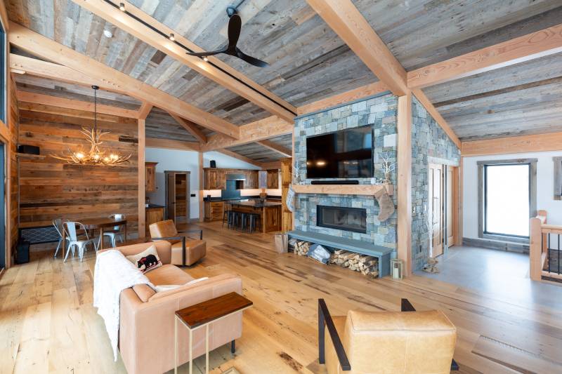 Gray and Brown Blends of Reclaimed Barn Board for Siding and Ceiling