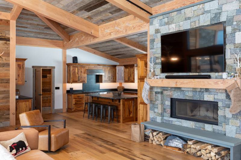 Natural Fieldstone Fireplace • The Kitchen Farther Back