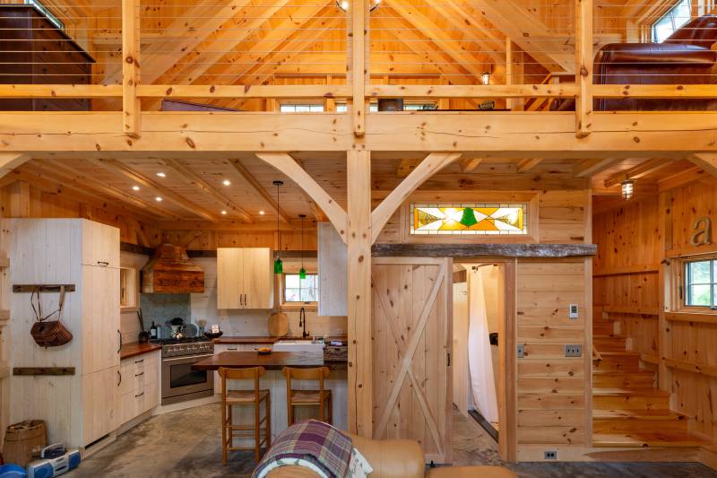 Kitchen on the Left • Bathroom in the Middle • Stairway to Loft on the Right