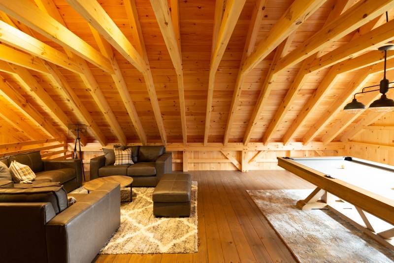 Seating Area & Billiards Table • Post & Beam Barn • Two-Story Barn