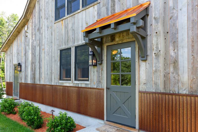 Timber Frame Eyebrow Roof • Spanish Cedar Entry Door