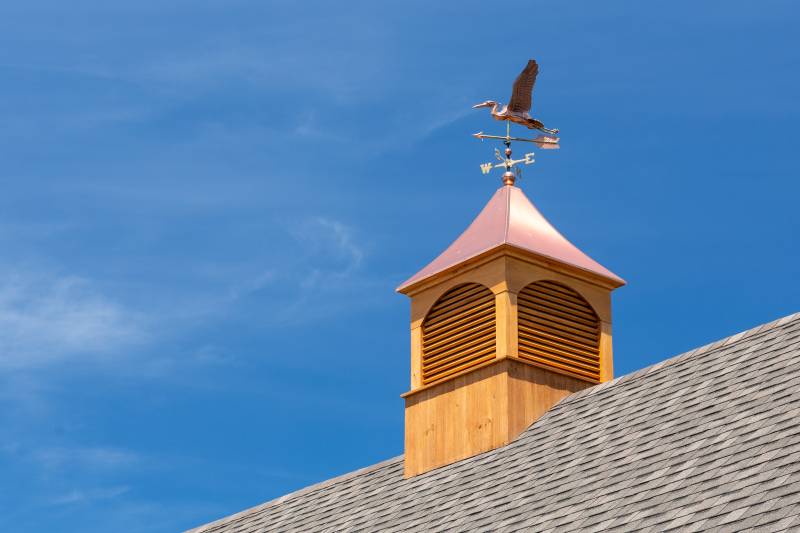 36" Pine Dalton Copper Top Cupola with Arched Louvers & Heron Weathervane
