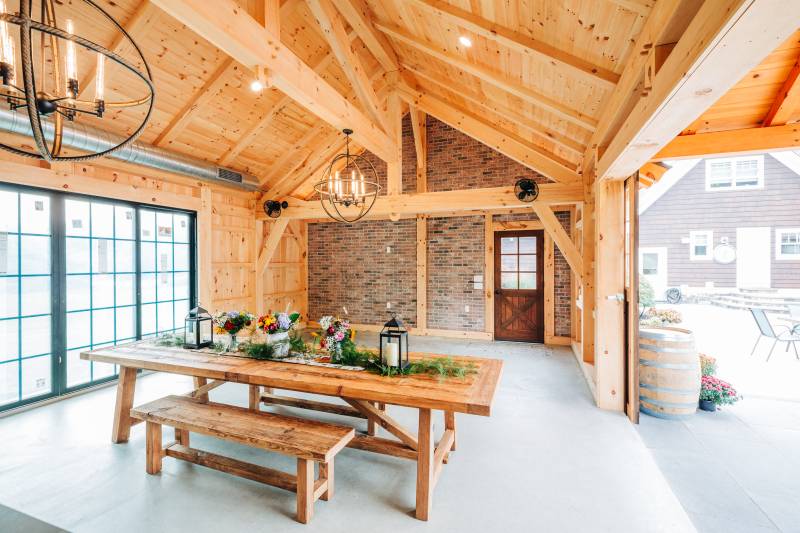 Timber Frame Pool House Interior • Brick Facade