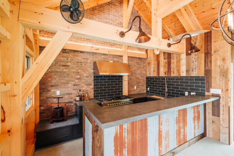 The Kitchen • Backspash & Brick Facade • Timber Frame Pool House