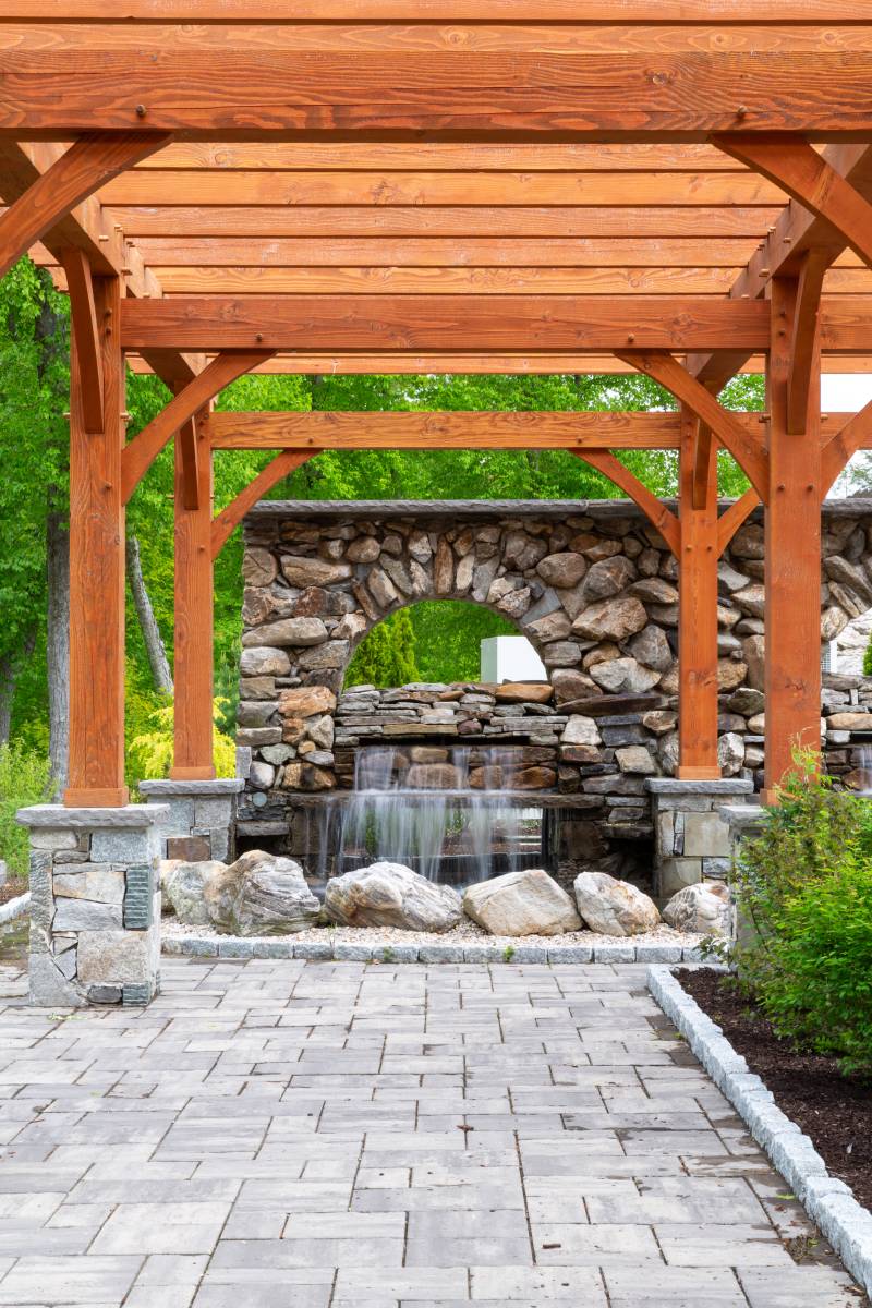 Looking Down Towards the Waterfall • Timber Frame Pergola