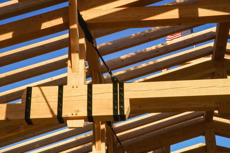 Steel Strapping & Angled Turnbuckles on the Queen Post Trusses