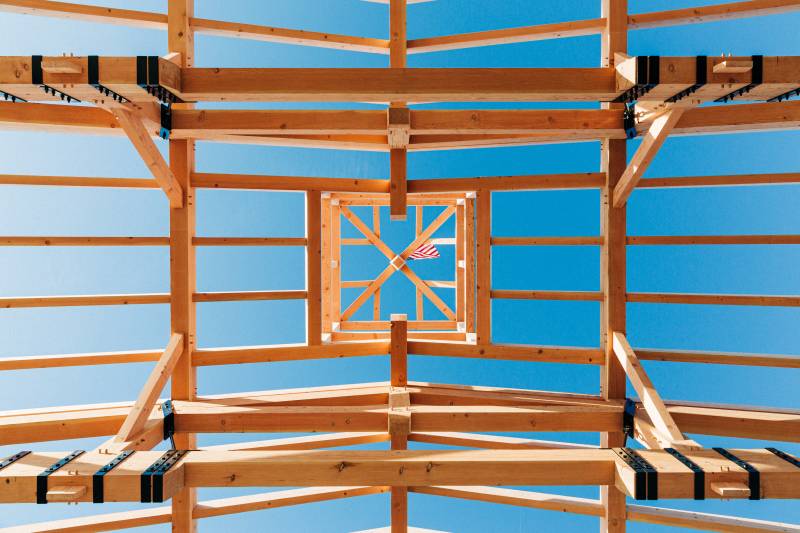 Looking Up at the Timber Frame Cupola & Trusses