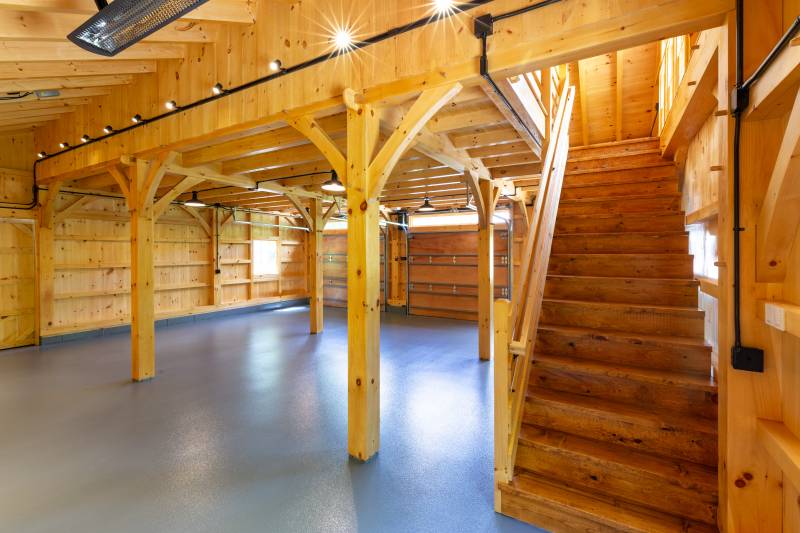 Underneath the Lean-to • Timber Stairway to Second Floor