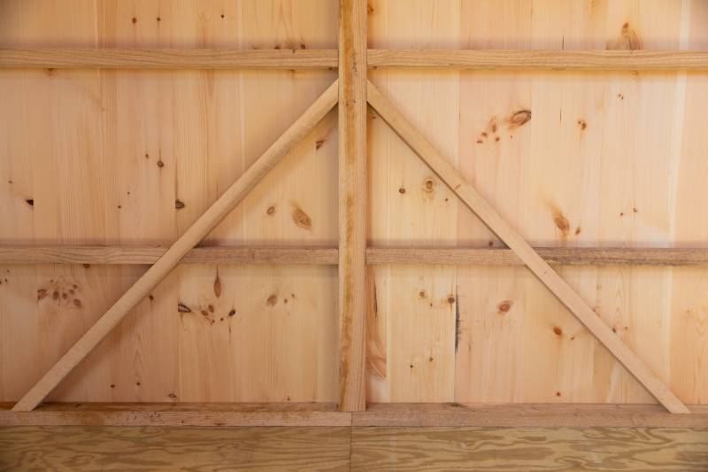 A closeup of the post & beam construction