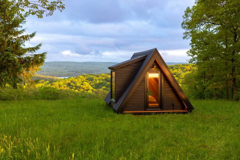 The A-Frame Cabin at sunset • Post & Beam Cabin