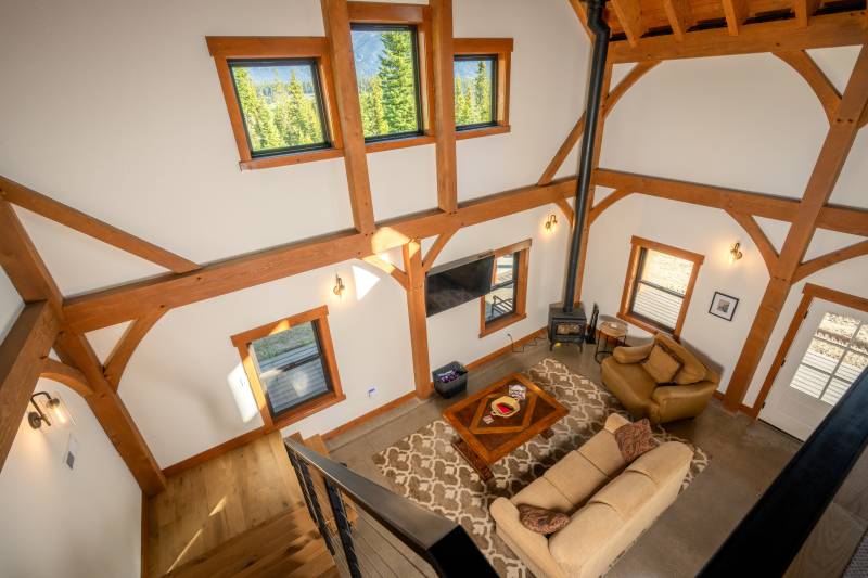 Looking down the stairs to the western barn’s great room