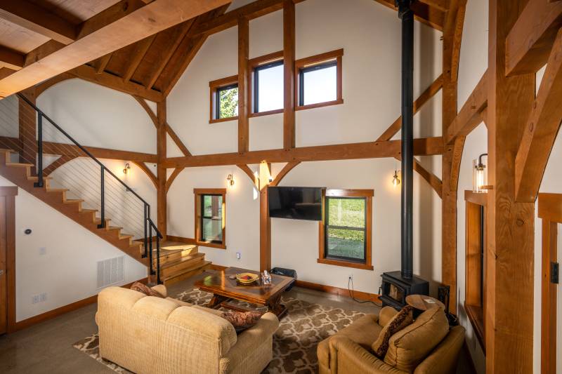 Great Room • Douglas fir timbers are left exposed in the Montana barn’s interior