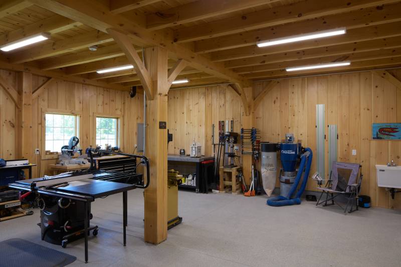 Inside the first floor garage area of the 26' x 44' Rangeley Barn Home