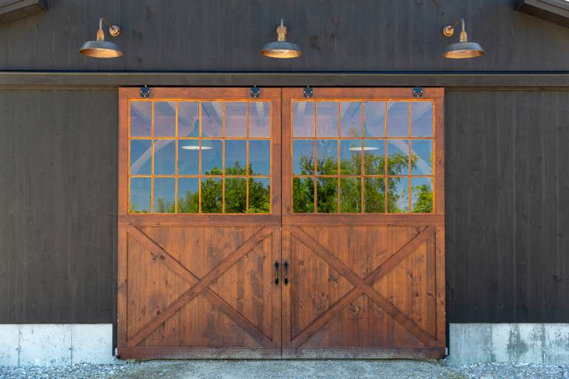 12' x 10' Pine Split Sliding Door with Half Glass and Covered Track