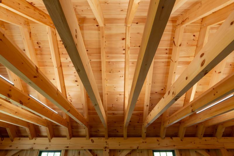 Rafters and collar ties in the post & beam Monitor Barn’s loft