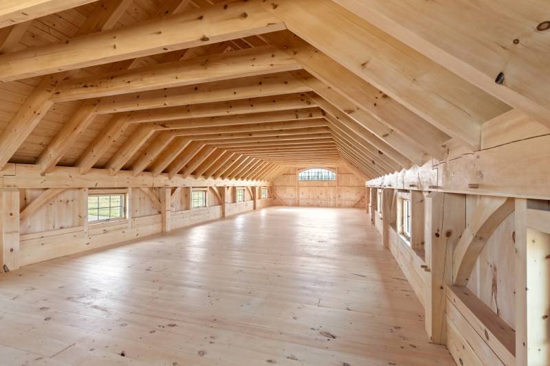 44' x 54' Riverton Monitor Barn second floor loft • Timber Frame Barn