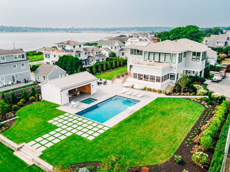 Aerial view of the Montauk Timber Frame Pool House