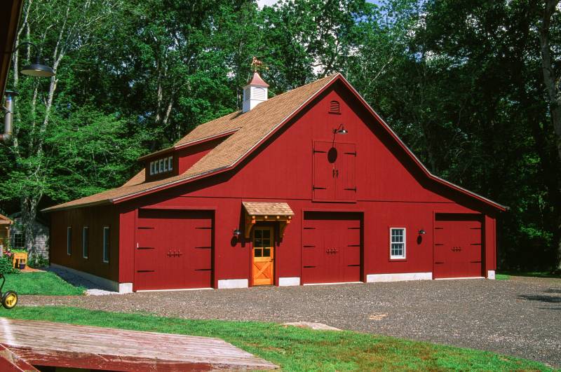 Rustic Cedar shingles • 16' Shed Dormer • Copper top cupola • post & beam barn