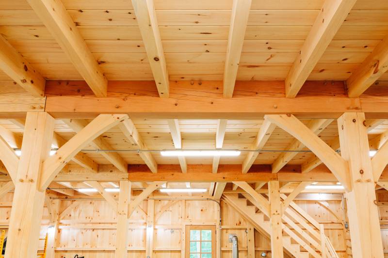 Eastern white pine timber frame • Douglas fir tie beams