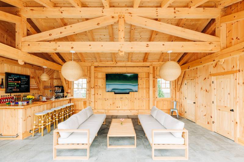 Looking into the timber frame pool house
