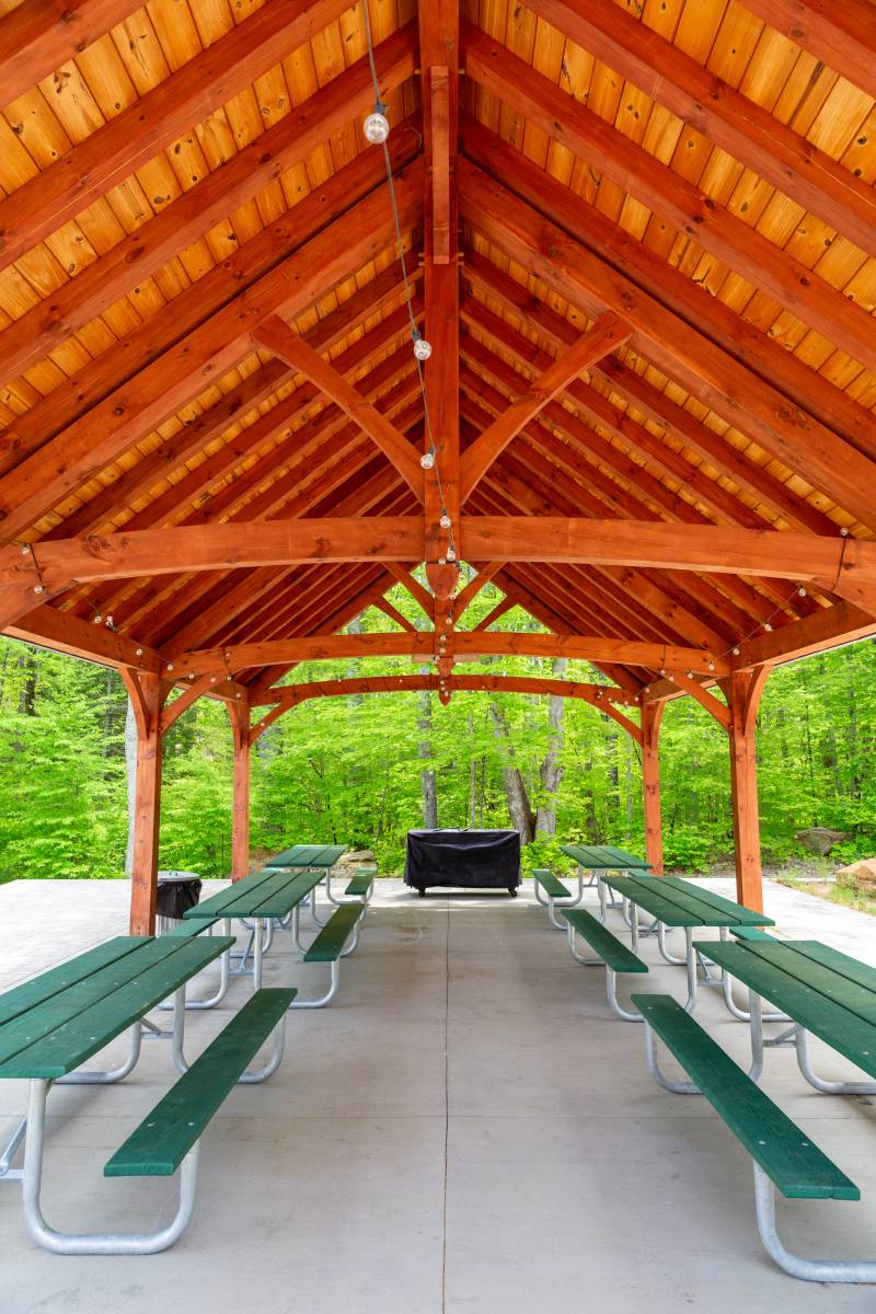 Plenty of space underneath the post & beam pavilion for guests