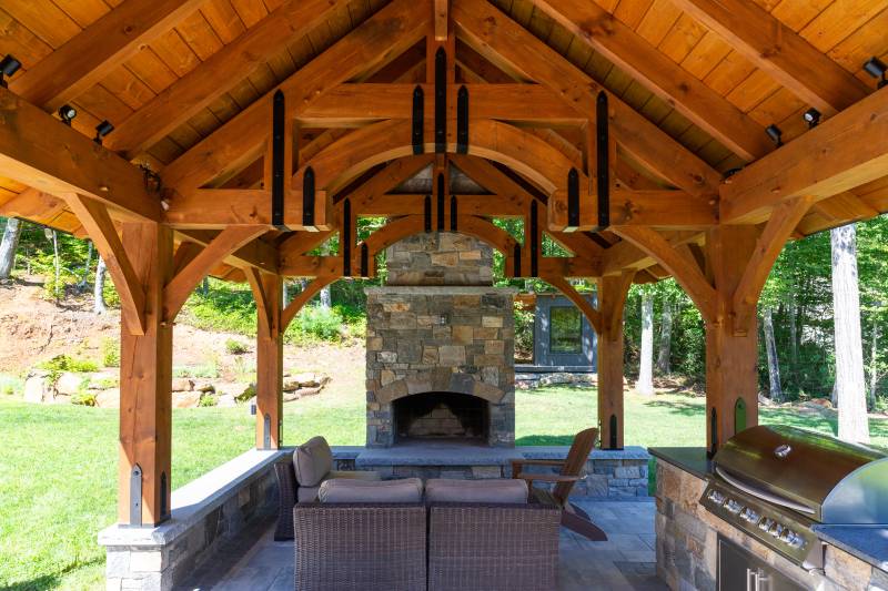 Underneath the timber frame pavilion