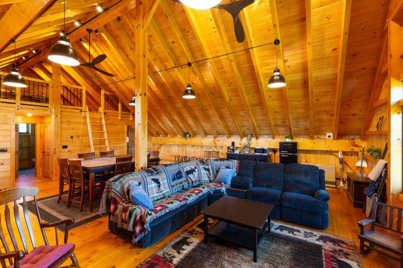 Seating area, large table, and kitchenette