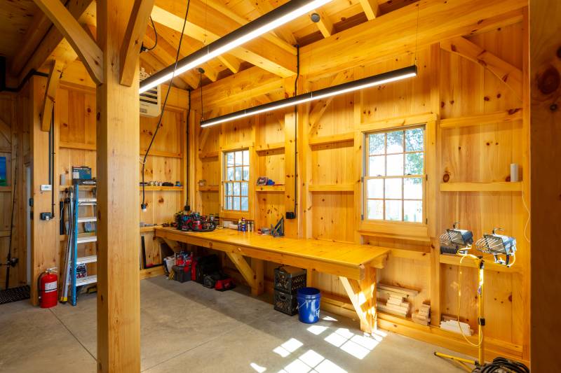 Timber frame workbench inside the Carriage Barn’s first floor
