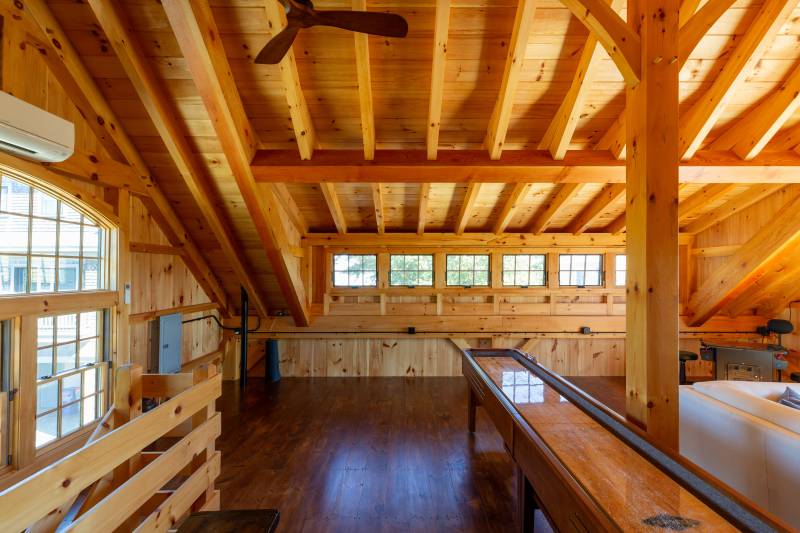 Looking towards the 20' transom dormer interior • post & beam timber frame barn living