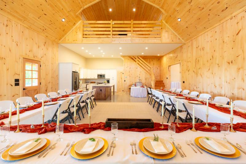 The main barn is open with cathedral ceilings, perfect for events