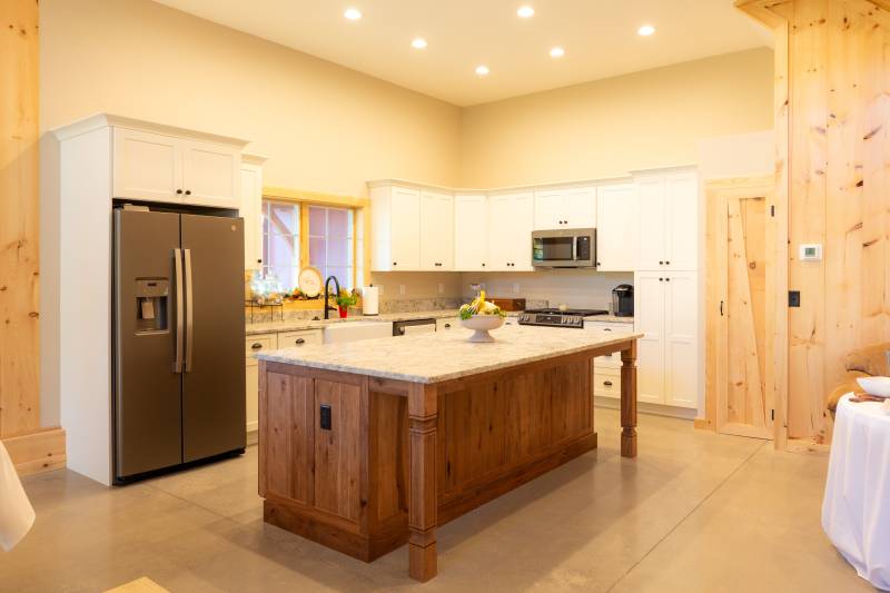 The barn’s full kitchen