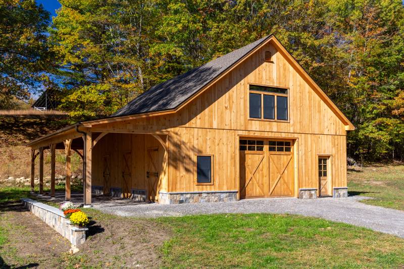 1x10 Shiplap Pine Siding • 12' x 48' Open Timber Frame Lean-to Roof Overhang