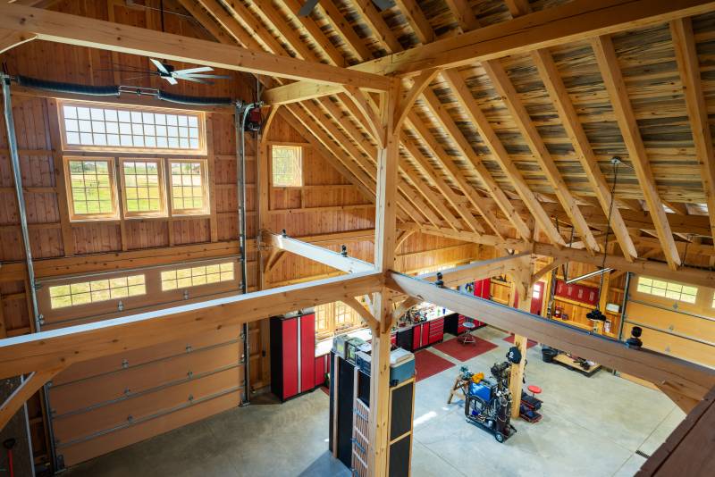 Looking down at the barn’s first floor from the loft