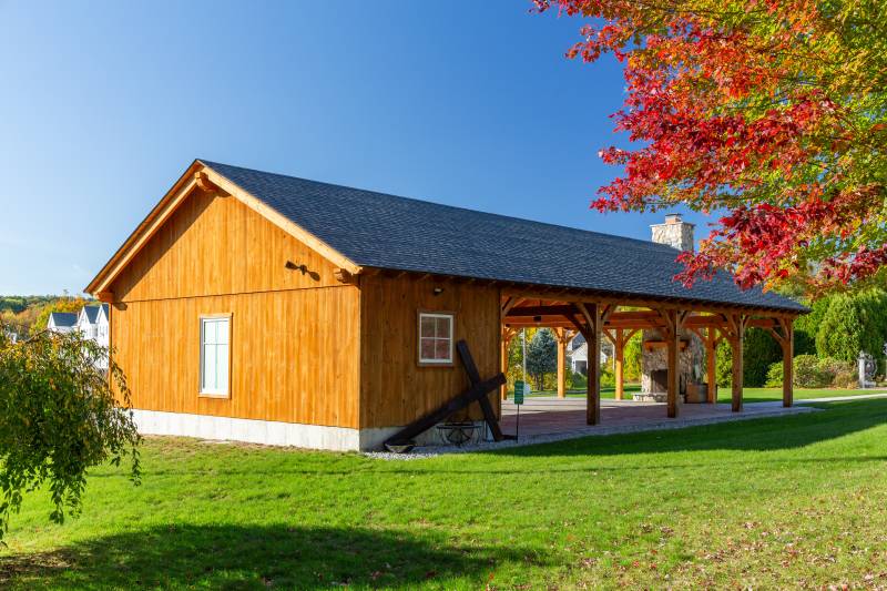 Windows in the enclosed portion of the Bitterroot Timber Frame Pavilion