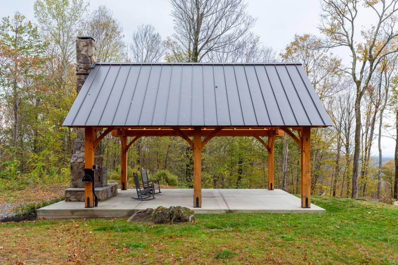 Standing seam metal roof on the timber frame pavilion