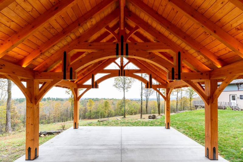 Underneath the Alpine Timber Frame Pavilion