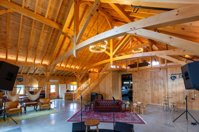 View from the stage in the entertainment area • Timber frame barn