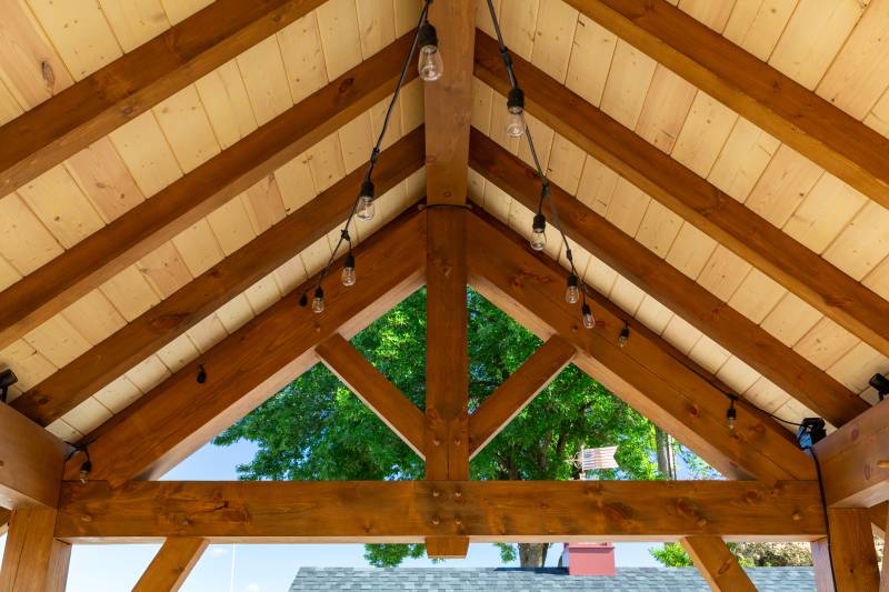 Closeup of the king post truss in the Telluride Pavilion