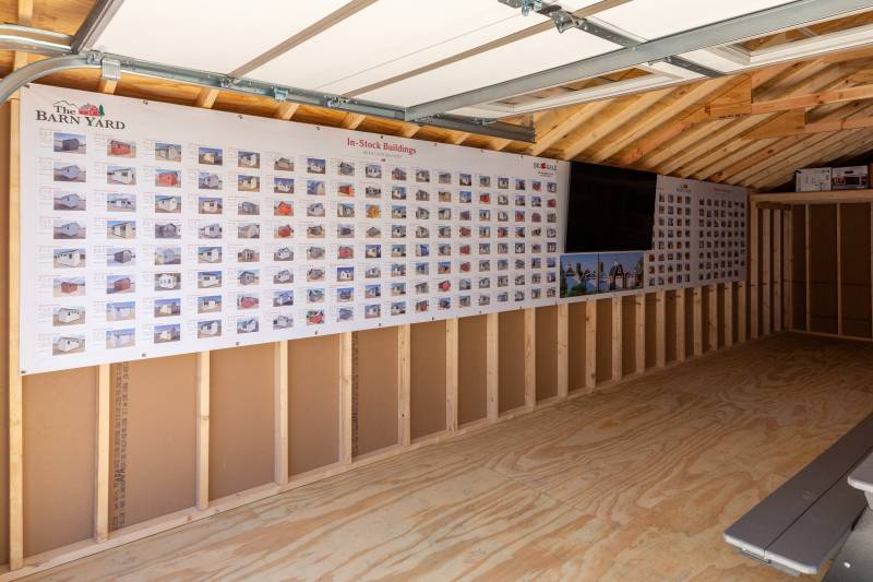 Inside the 14' x 30' Classic Cape Garage with Stock Board