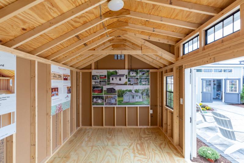 Inside the 10' x 16' Classic Cape with Transom Dormer