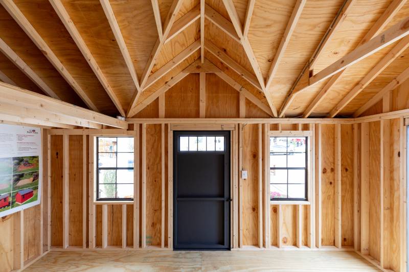 Inside the 12' x 16' Classic Cape with Reverse Gable Dormer and 4' x 12' Loft