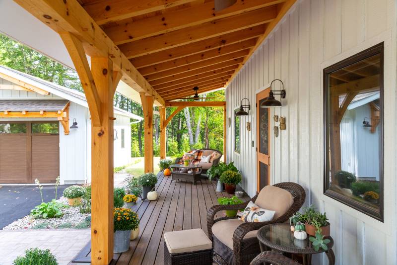 Underneath the timber frame porch