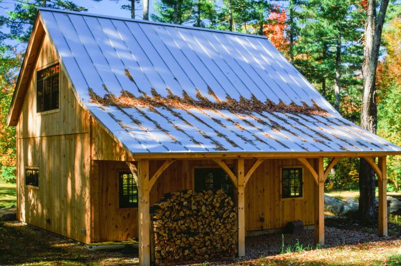 1x10 shiplap pine siding • Standing seam metal roof • Post & Beam Barn in the fall
